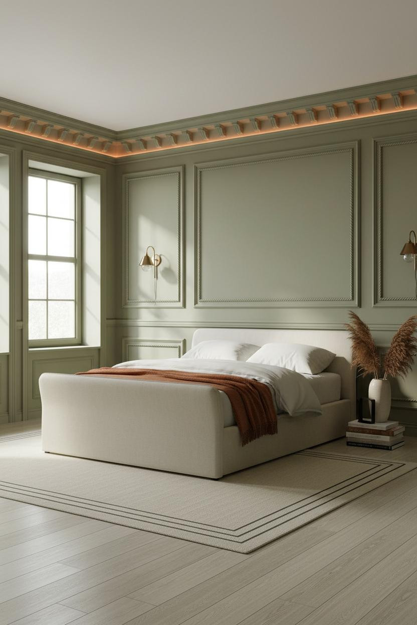 Neo Classical Bedroom Sage Green Wainscoting Brass Sconces