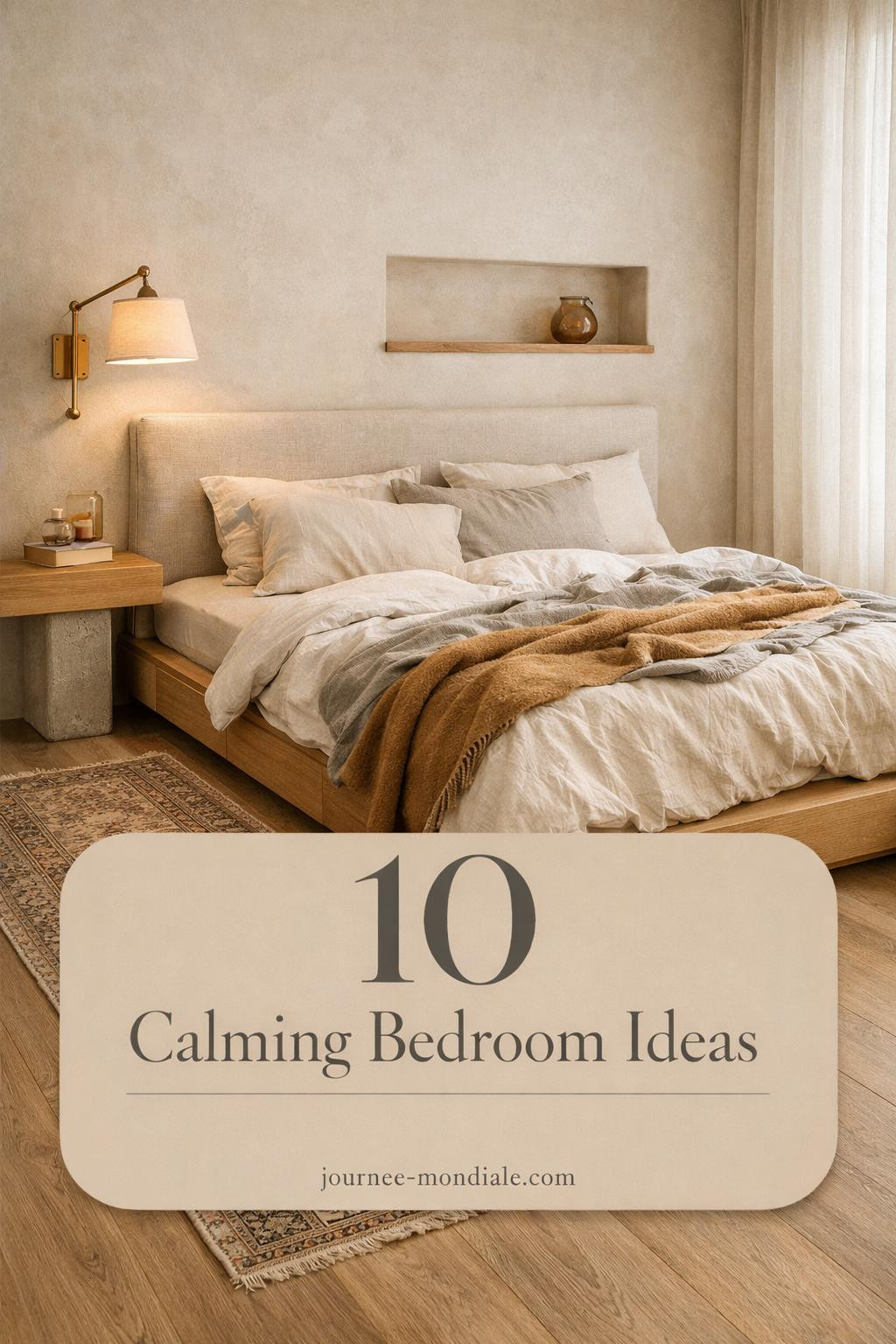 Minimalist neutral bedroom featuring platform bed with oatmeal linen headboard, cream bedding, camel throw, oak nightstand, brass sconce, vintage Persian runner