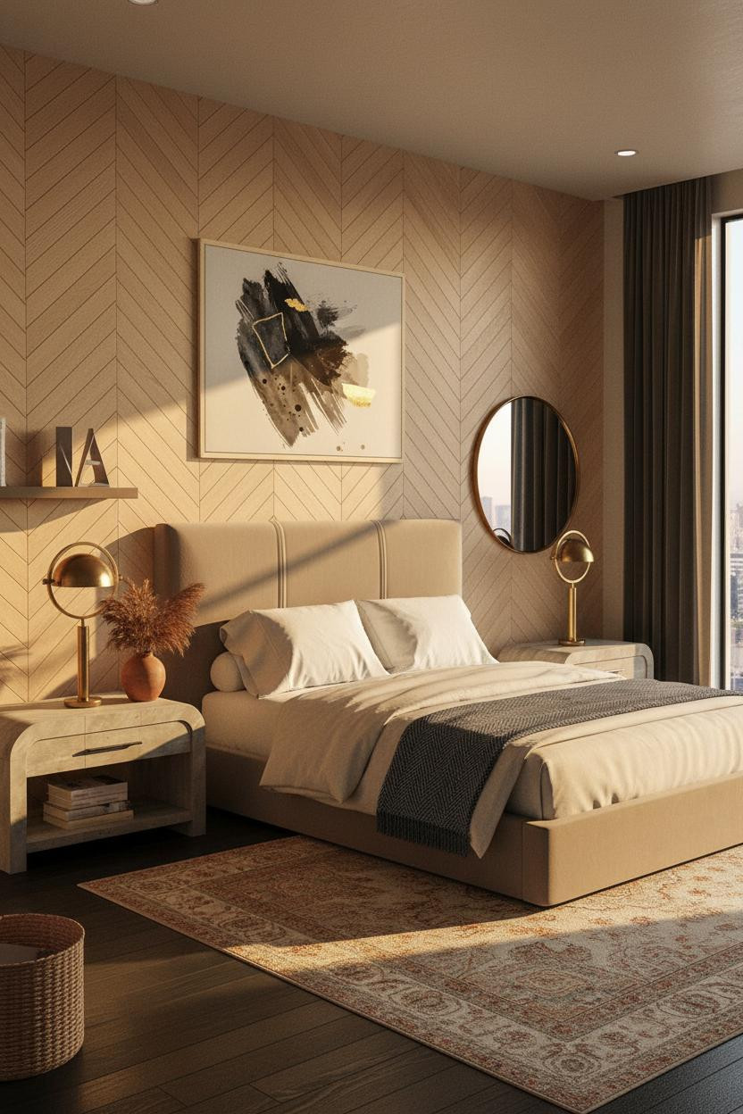 Neutral Bedroom Herringbone Wood MCM