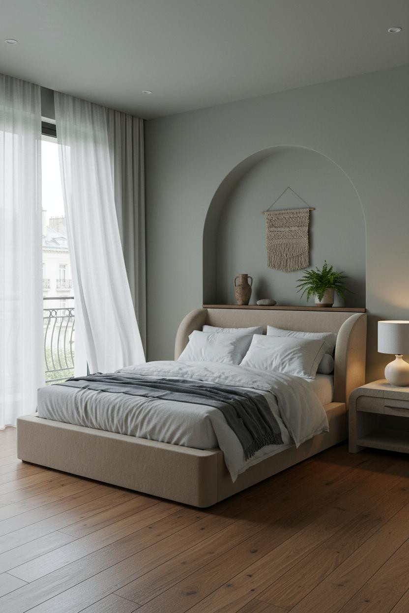 Neutral Bedroom Sage Wood Arched Niche