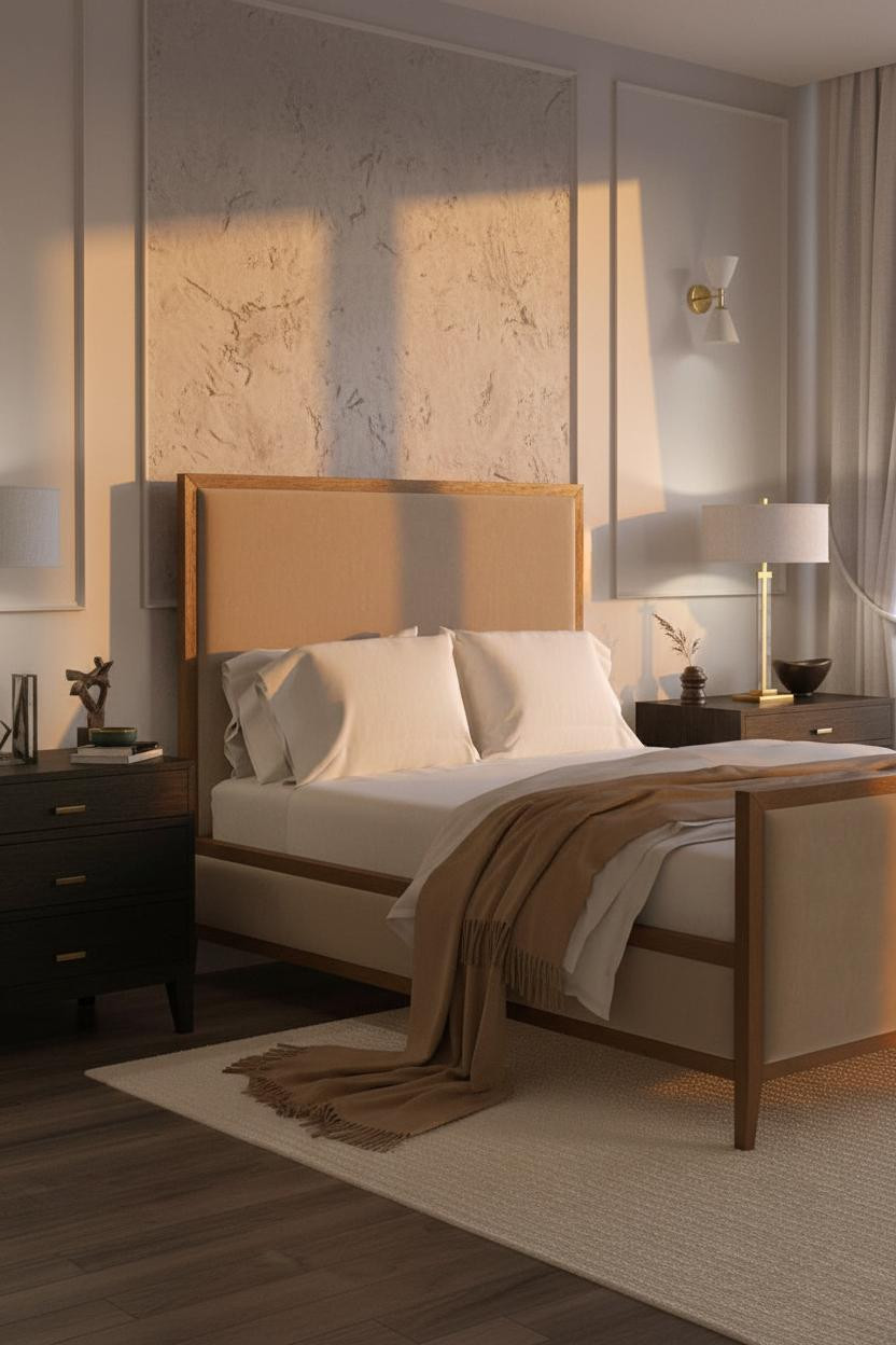 Neutral Bedroom Textured Accent Wall Warm Lighting