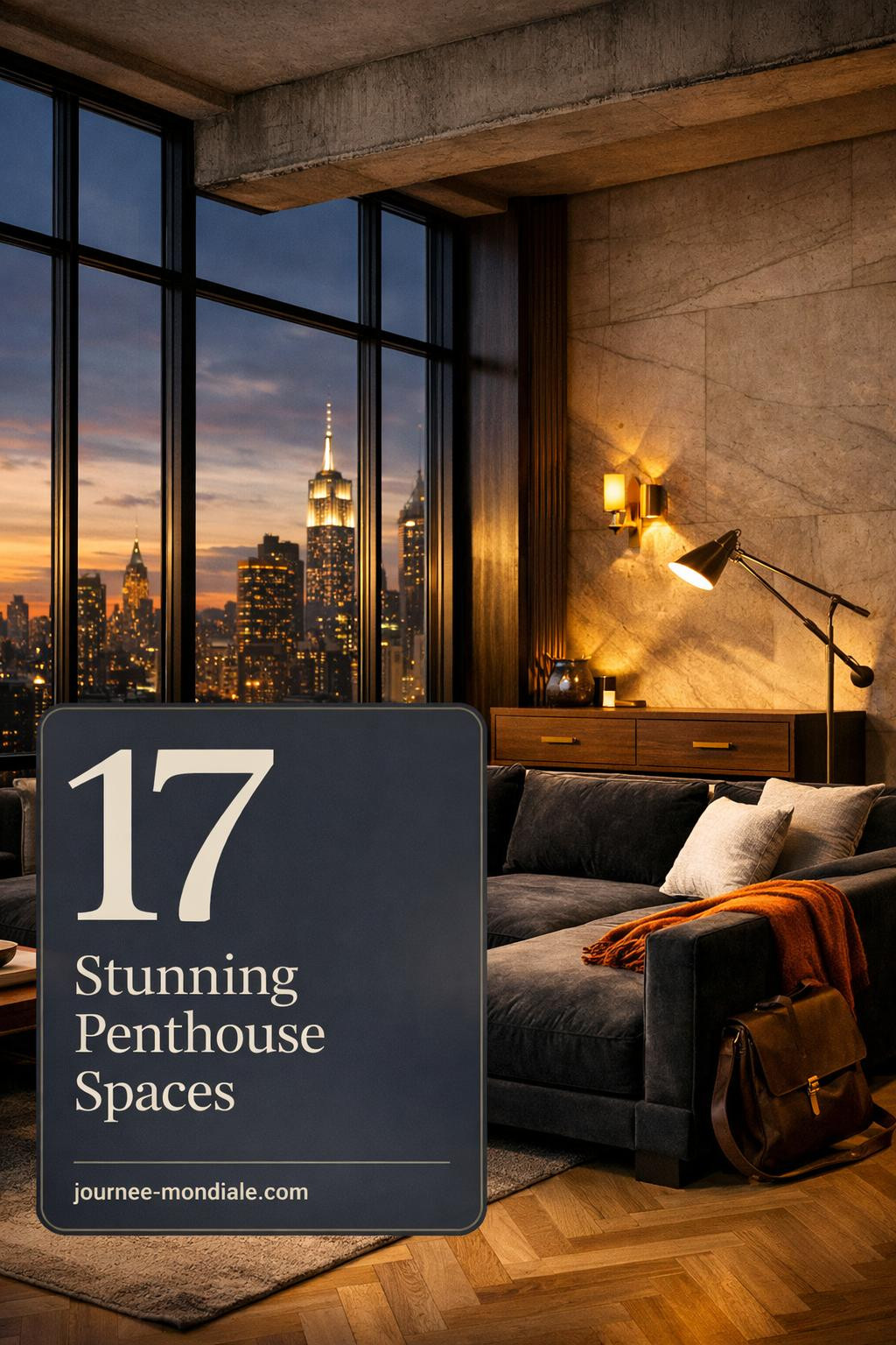 Sophisticated Manhattan penthouse living room featuring charcoal velvet sectional, blackened steel windows, walnut console, brass lighting, and twilight skyline views