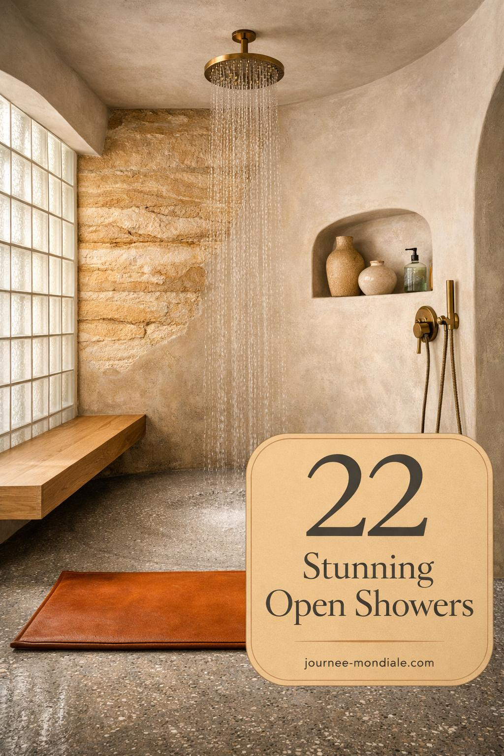 Doorless walk-in shower featuring curved terrazzo walls, honey limestone accent, ceiling-mounted brass rainfall head, recessed niche with ceramic vessels, and natural morning light