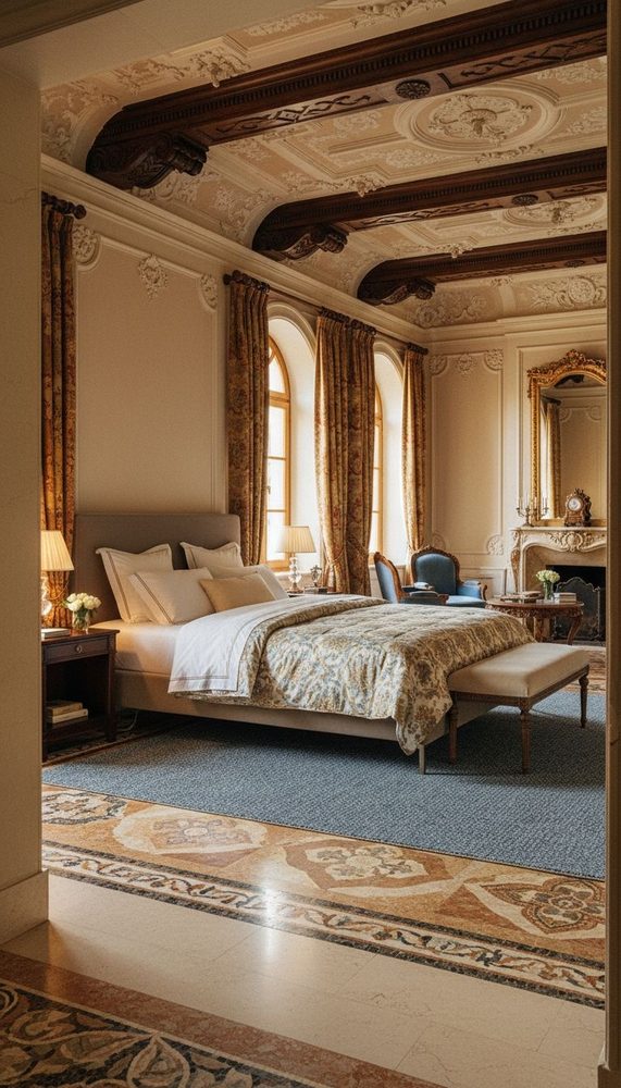 Luxury bedroom with ornate cream ceiling beams dark wood accents blue area rug