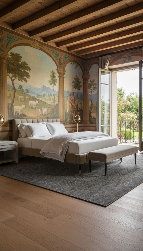 Bedroom with painted pastoral mural featuring arched columns, exposed wood beam ceiling, neutral upholstered bed, hardwood fl