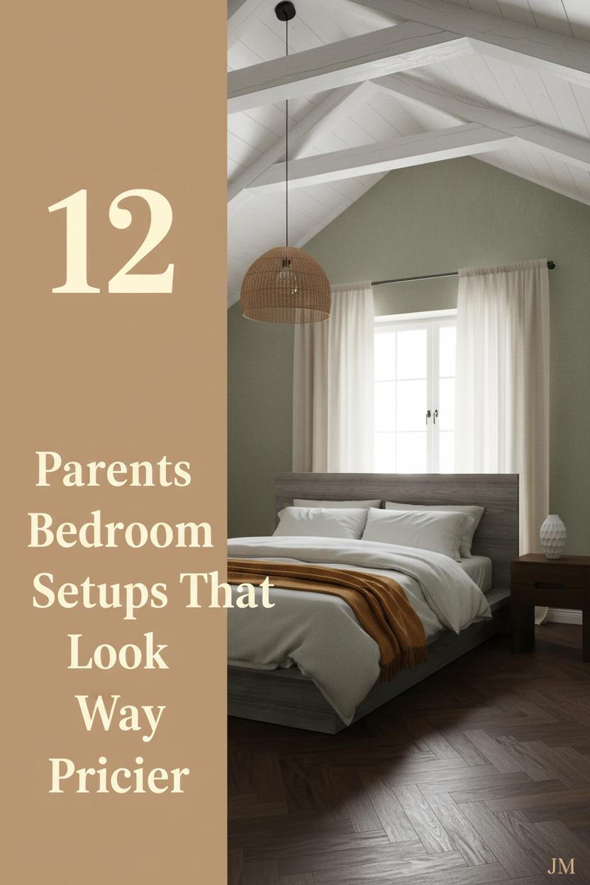 Attic parents bedroom with vaulted whitewashed timber ceiling, sage limewash walls, ivory linen bedding, ochre throw, and warm pendant lighting