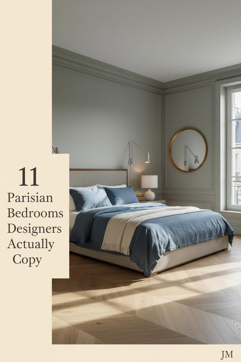 Parisian bedroom with sage-grey plaster walls, Haussmann cornice, oak herringbone parquet, slate blue linen bedding, and gilt round mirror