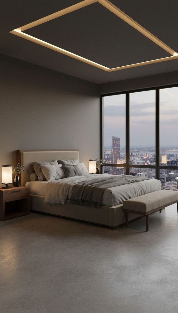 Modern grey bedroom with rectangular recessed ceiling lighting and floating nightstands overlooking city