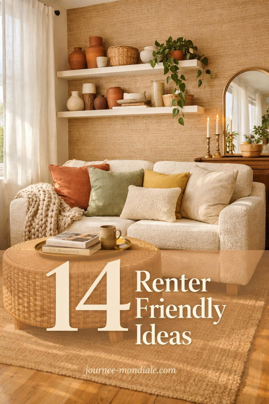 Bright apartment living room with cream bouclé loveseat, rattan coffee table, floating shelves, jute rug, and peel-and-stick grasscloth wallpaper in warm neutral tones