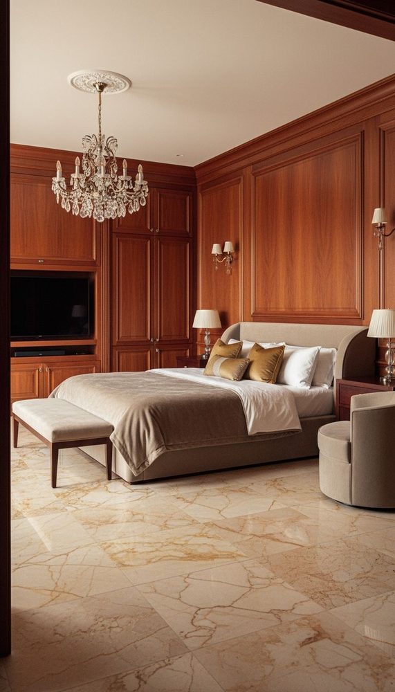 Master bedroom with cherry wood built-ins, crystal chandelier, neutral upholstered bed, marble floors