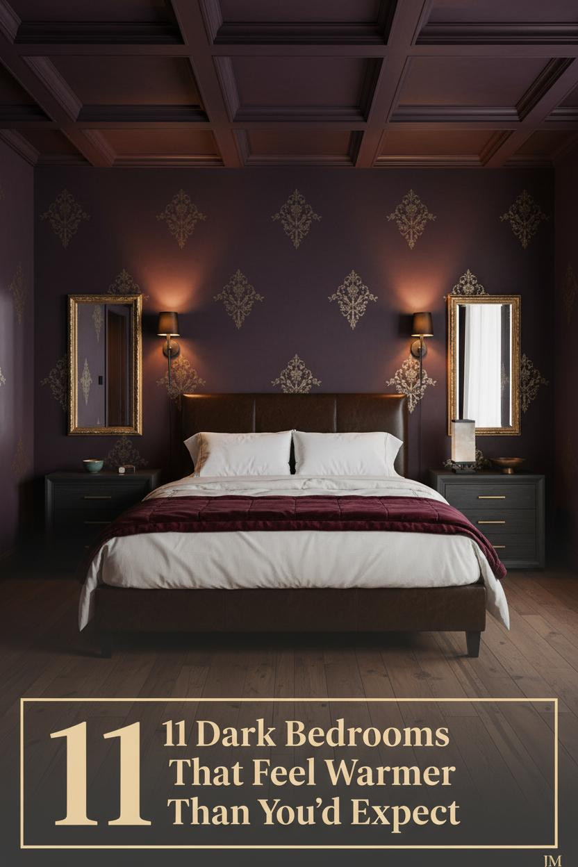 Romantic goth bedroom with aubergine plaster walls, espresso leather bed, ivory bedding, burgundy velvet throw, and amber iron sconce lighting