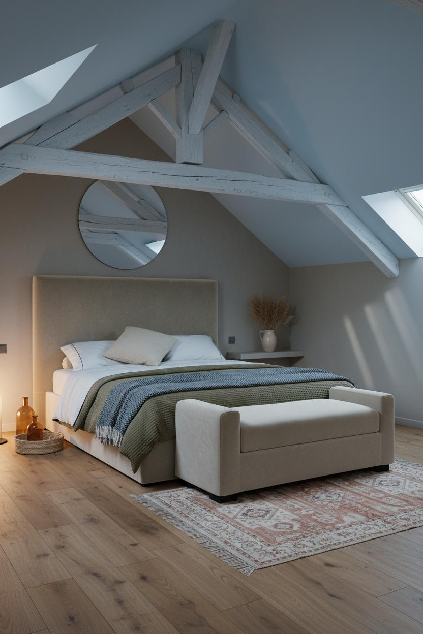 Sage Green Farmhouse Attic Bedroom Beams