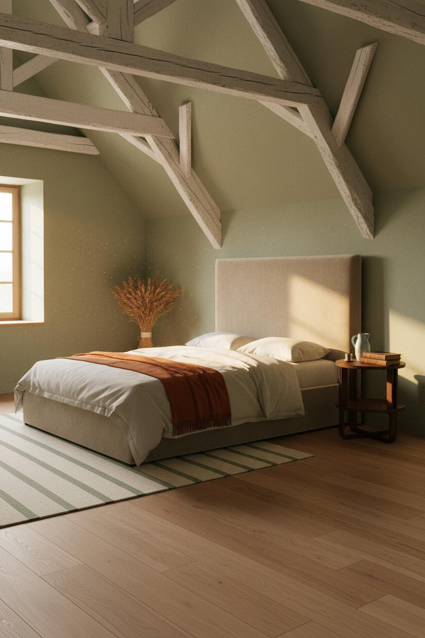 Sage Green Farmhouse Attic Bedroom Exposed Beams