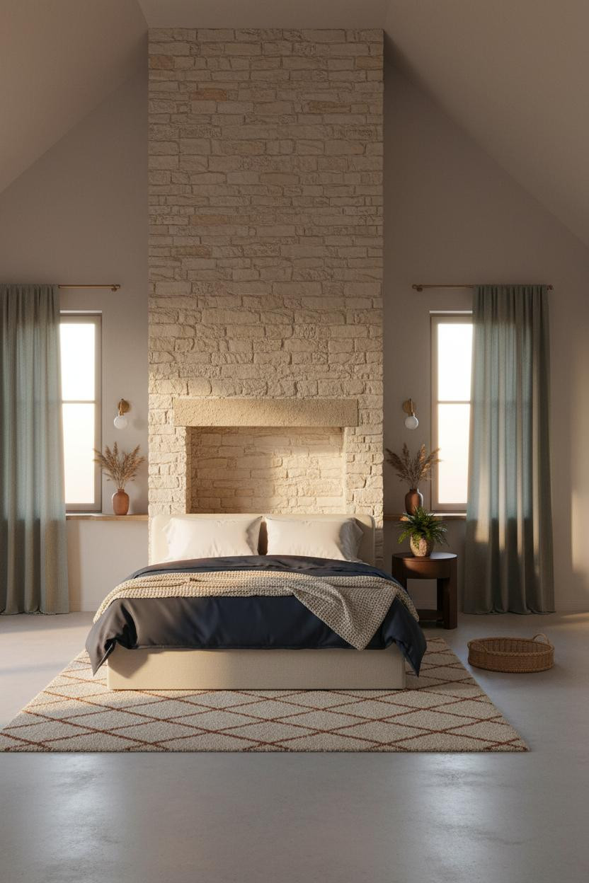 Sage Green Farmhouse Attic Bedroom Stone Accent