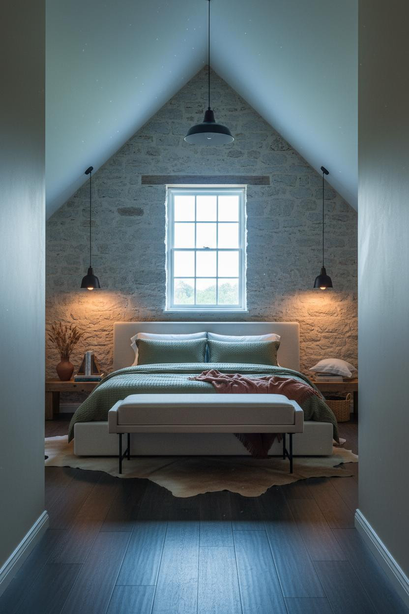 Sage Green Farmhouse Attic Bedroom Stone Wall
