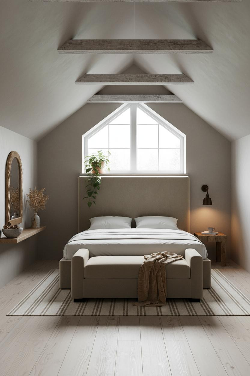Sage Green Farmhouse Attic Bedroom Timber Beams
