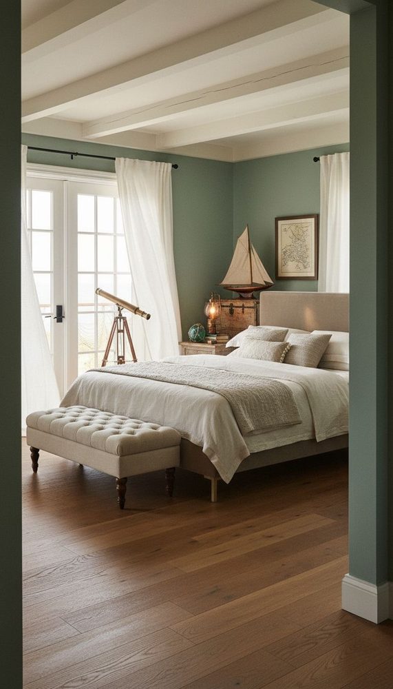 Sage green bedroom with white ceiling beams, cream bedding, and nautical telescope by French doors