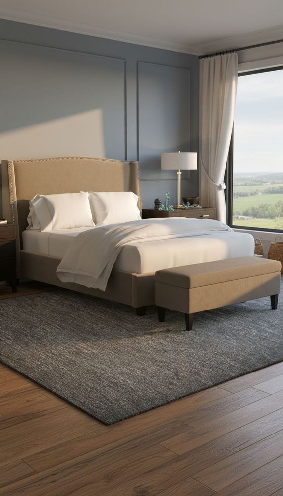 Sage green paneled accent wall behind upholstered bed with taupe bench and neutral rug