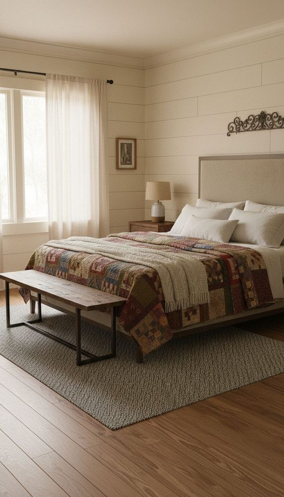 Bedroom with horizontal shiplap walls, grey upholstered headboard, quilted bedding, and hardwood flooring