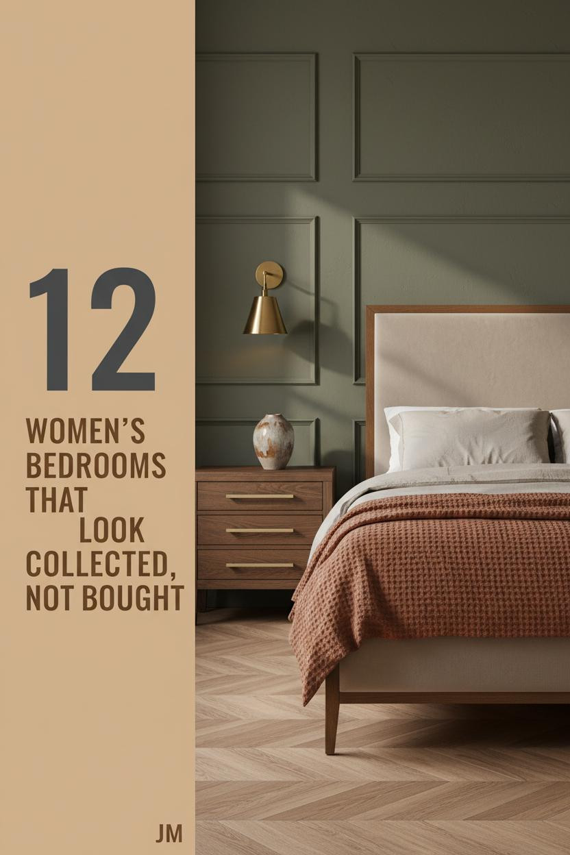 Feminine bedroom with deep olive plaster walls, brass sconces, honey herringbone floors, oatmeal linen duvet, rust throw, and walnut nightstand