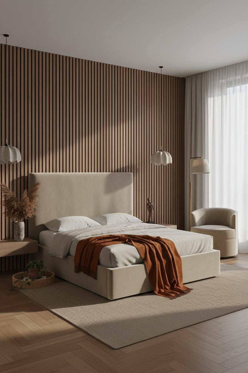 Single Woman Bedroom Walnut Slatted Wall
