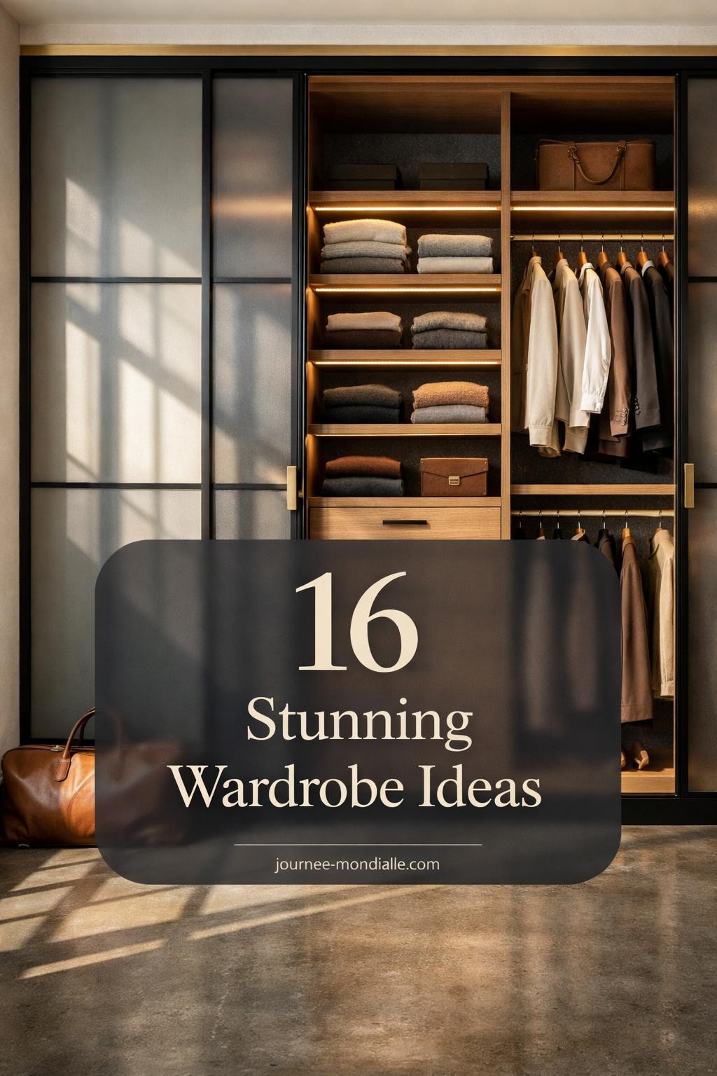 Sophisticated bedroom wardrobe with blackened steel frame, frosted resin panels, and organized white oak interior shelving