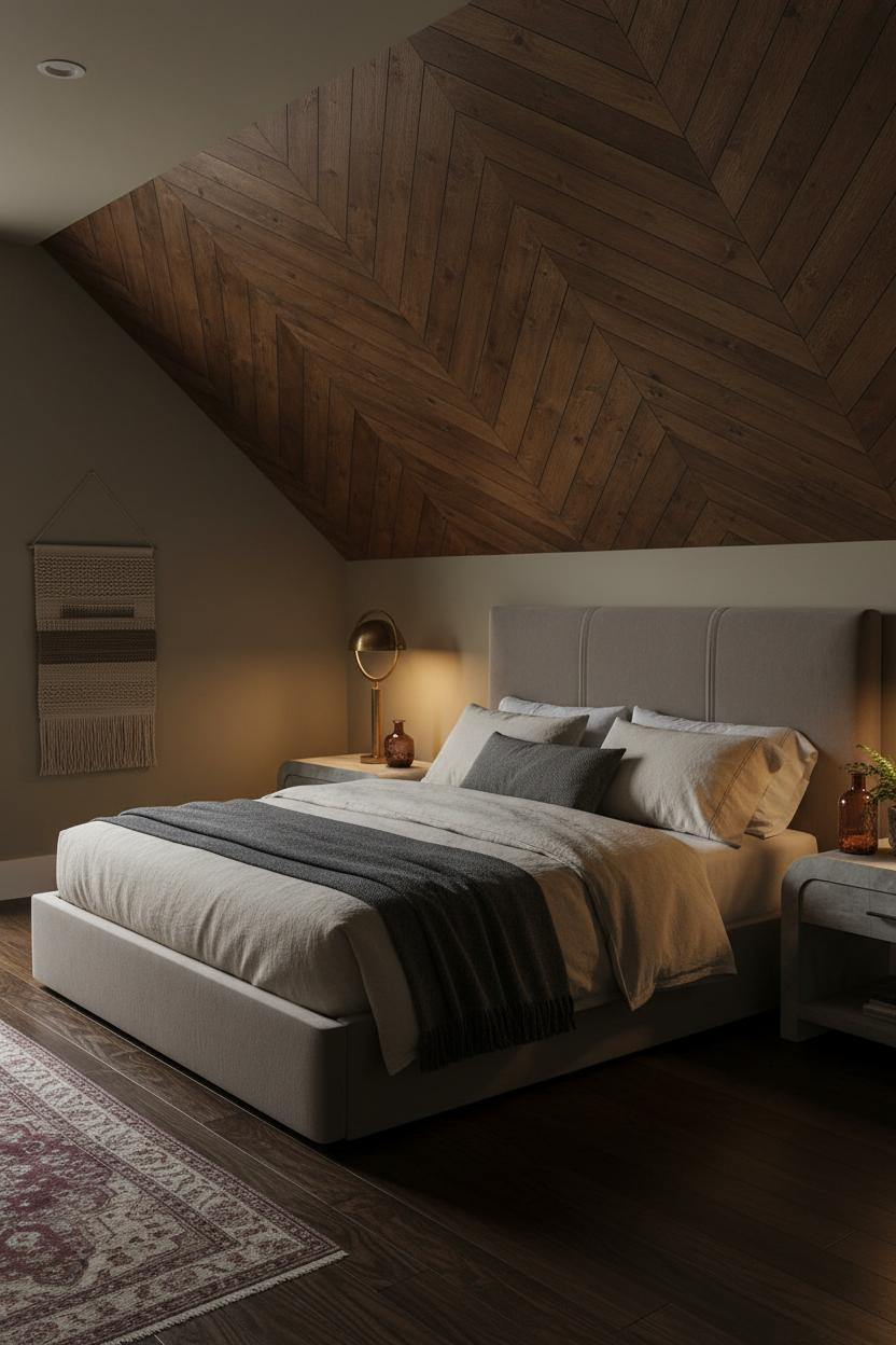 Sloped Ceiling Bedroom Herringbone Wall Attic