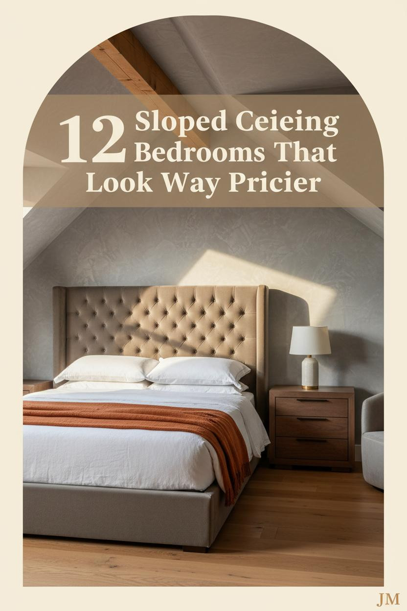 Attic bedroom with dove grey plaster sloped ceiling, honey ridge beam, warm oak floors, stone-washed linen bedding and burnt orange wool throw