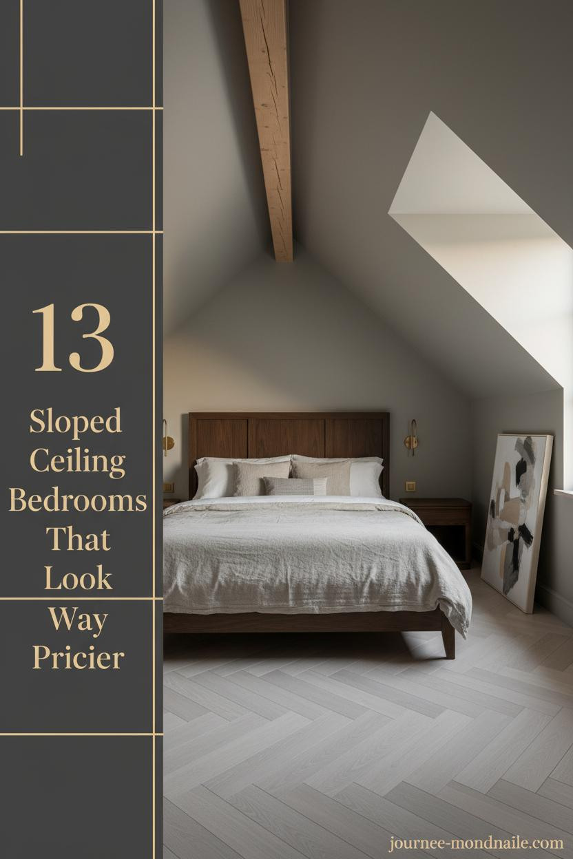 Attic bedroom with greige slanted ceiling planes, honey ridge beam, brass sconces, oatmeal linen duvet, and pale ash herringbone parquet floors