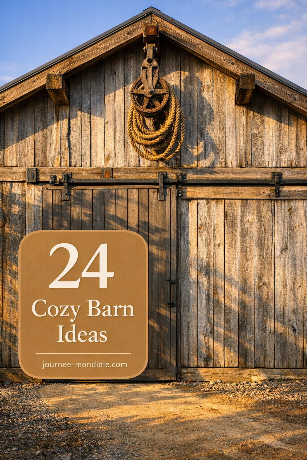 Weathered cedar board-and-batten barn exterior with charcoal metal roof, sliding door hardware, and rustic timber details