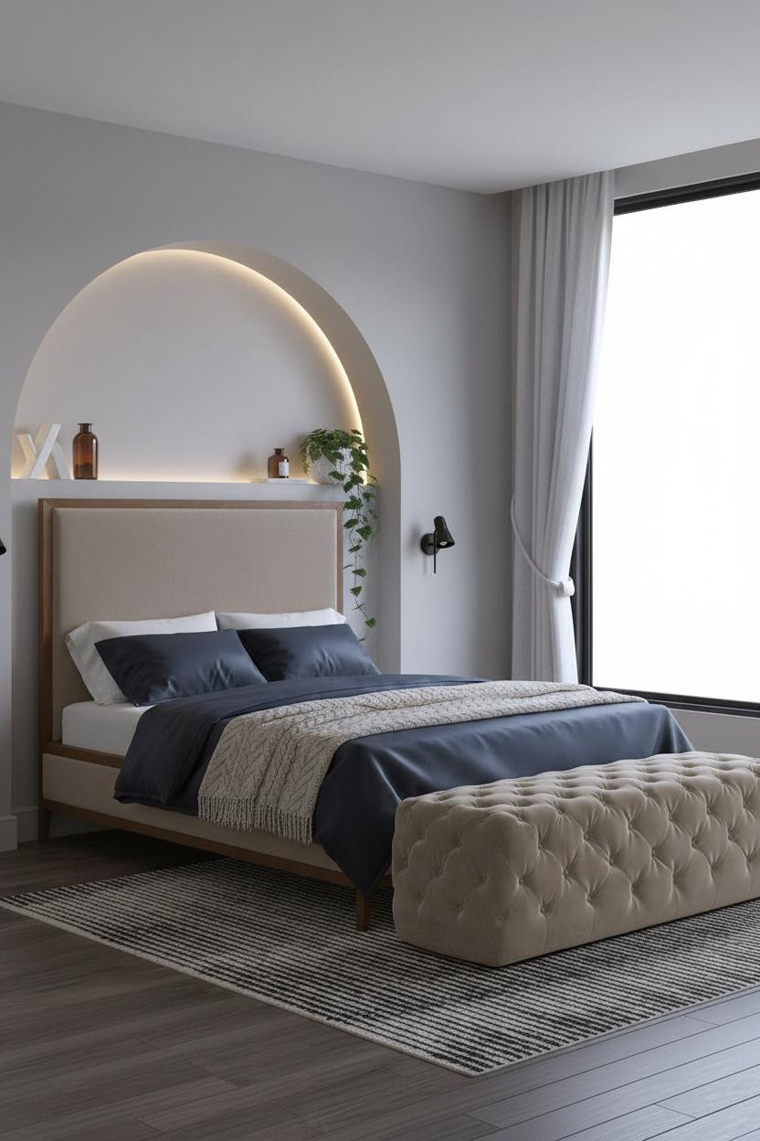 Small Bedroom Couples Arched Niche Industrial