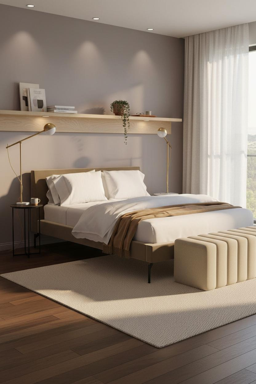 Small Bedroom Couples Floating Shelf Design