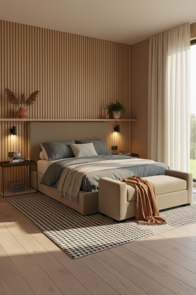 Small Bedroom Couples Japandi Slatted Walls