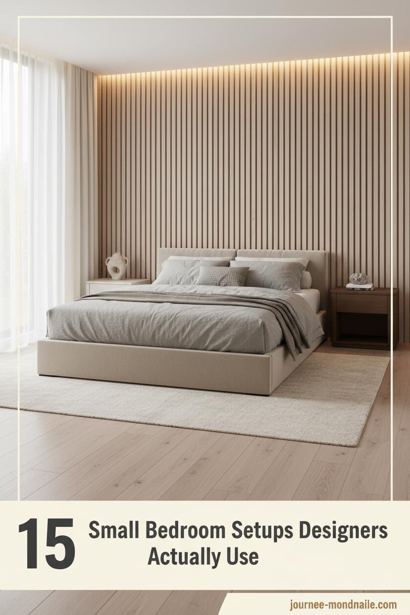 Minimalist small bedroom with pale ash oak slat accent wall, low platform bed, greige linen bedding, clay vessel nightstand, warm amber LED uplighting