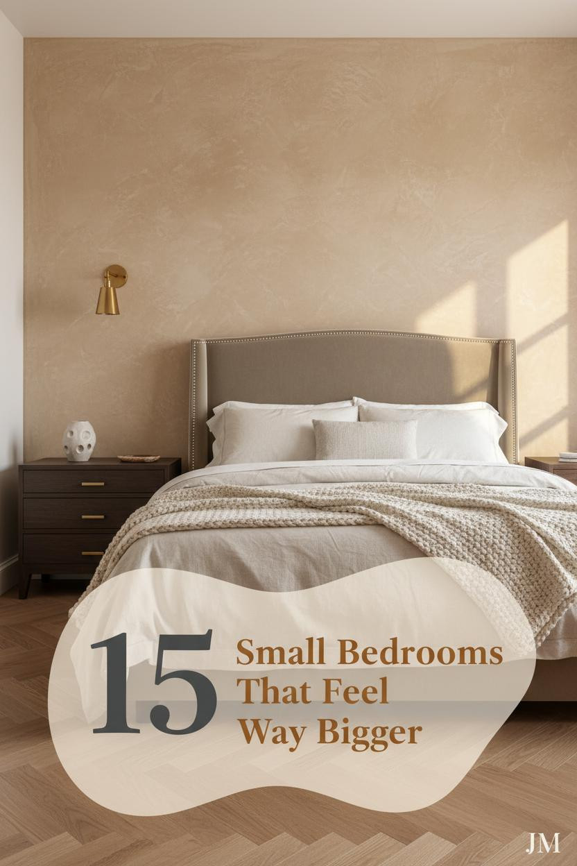 Compact bedroom with sand plaster accent wall, herringbone oak floor, brass wall sconce, ivory linen bedding, and walnut floating shelf