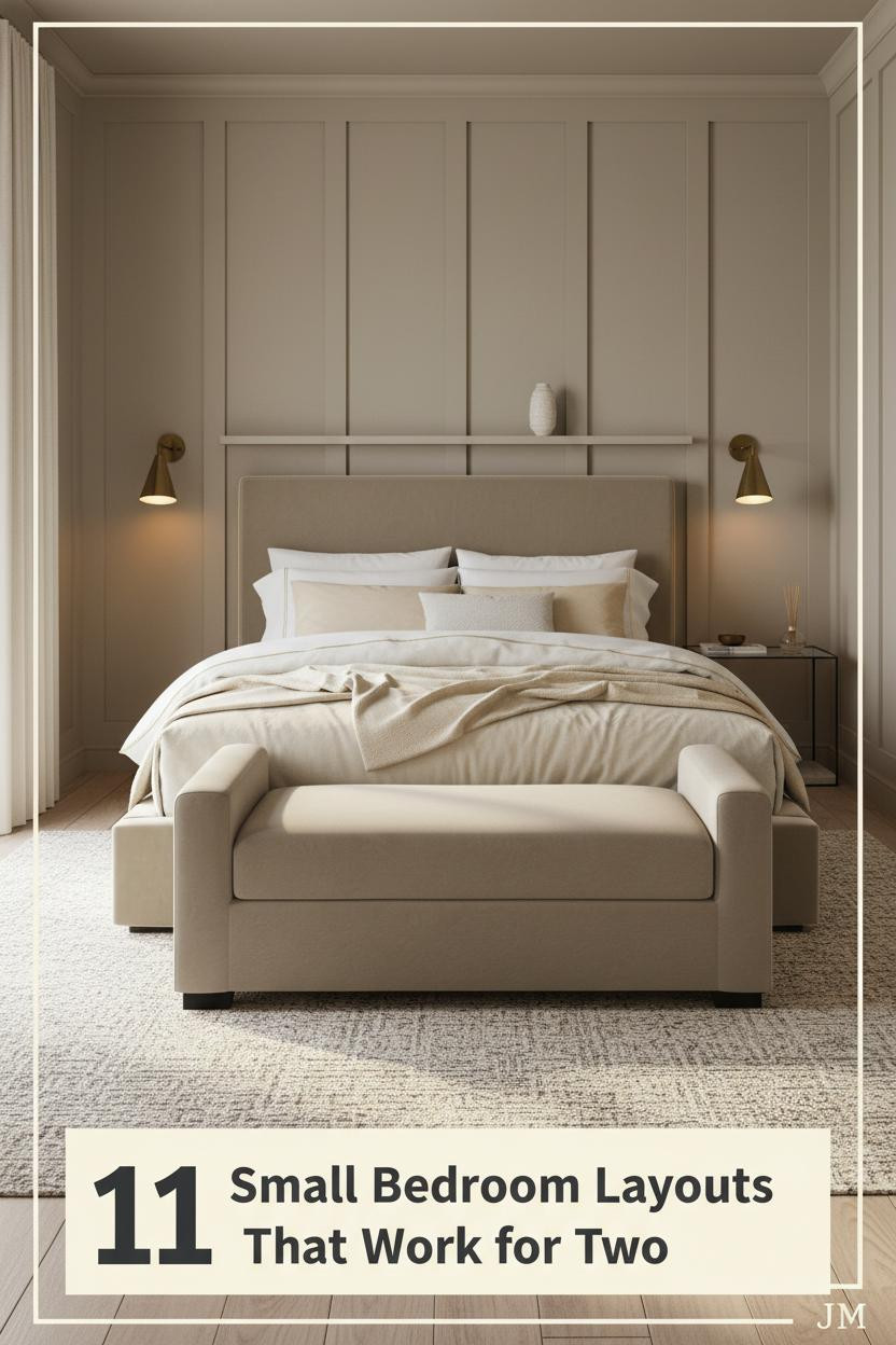 Compact couple bedroom with greige board-and-batten walls, pale oak floors, cream linen bedding, floating shelf, and warm sconce lighting