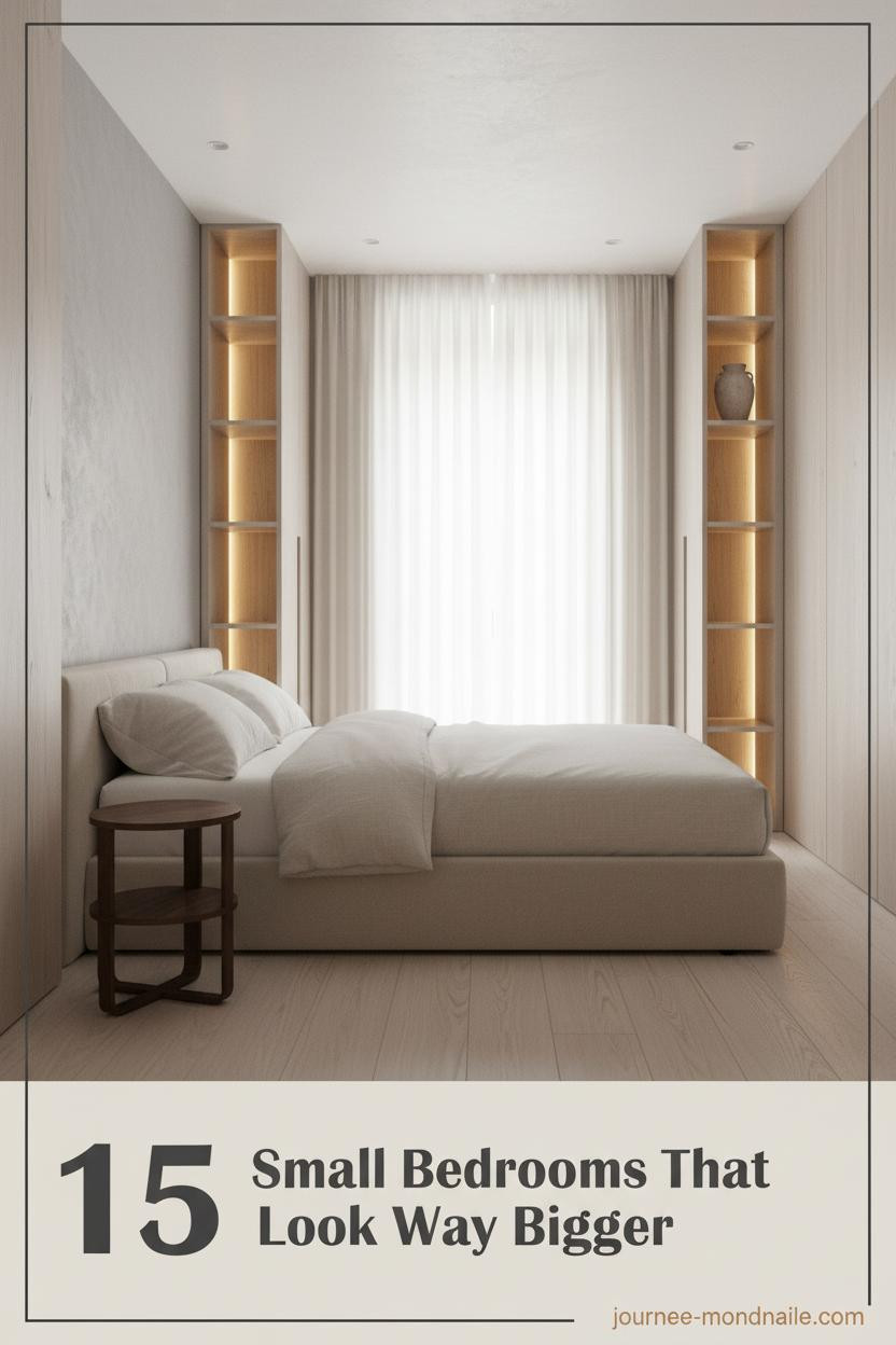 Minimalist small bedroom with dove grey plaster wall, ash shelving, warm LED strips, low platform bed, and oatmeal linen bedding