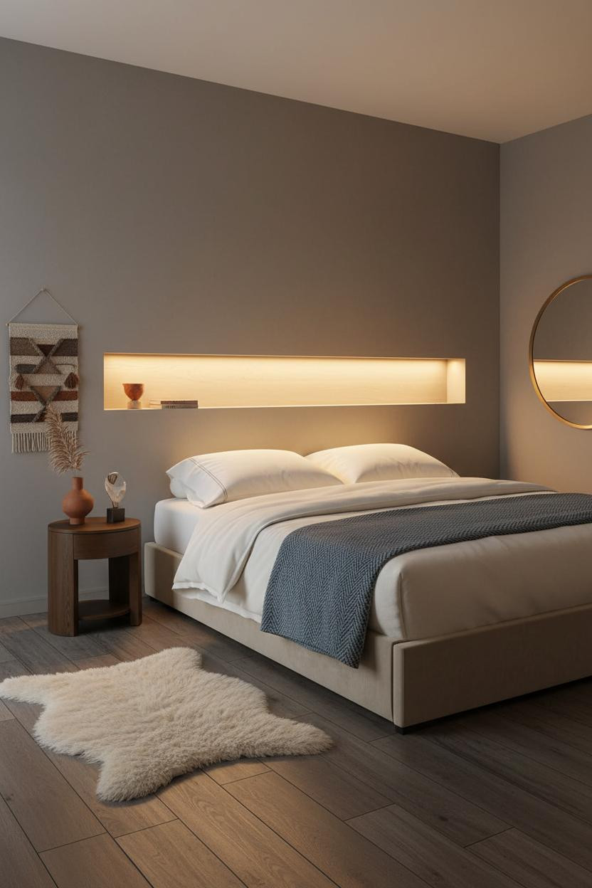Small Bedroom Minimalist Floating Shelf Lighting