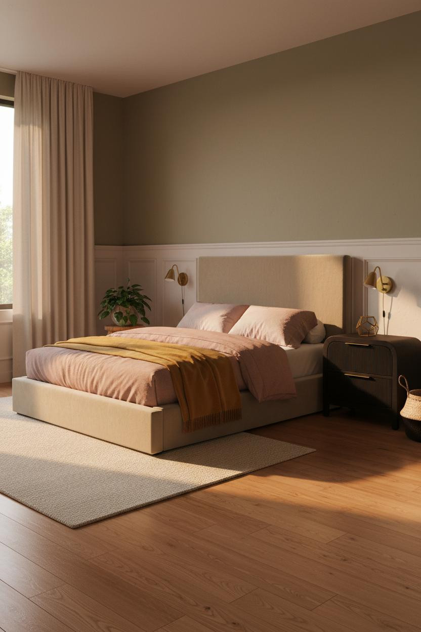 Small Bedroom Minimalist Olive Walls Warm Lighting