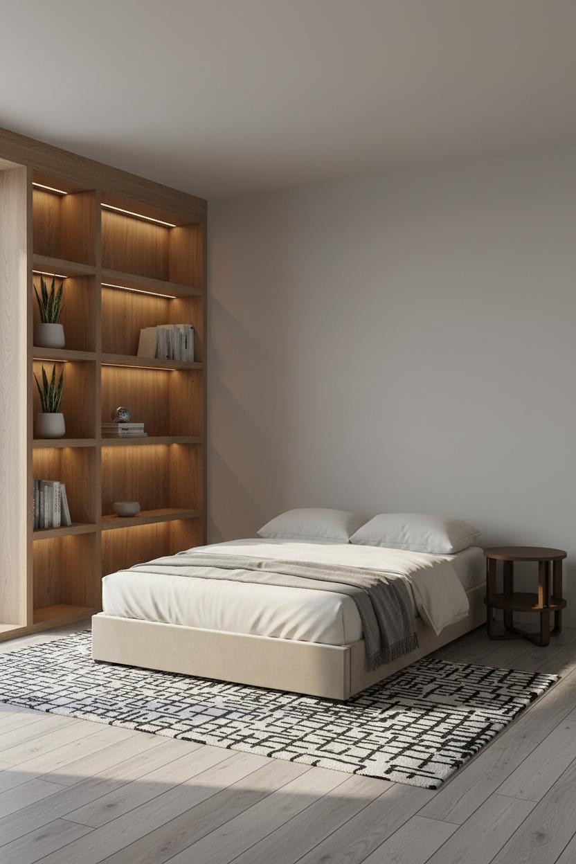 Small Bedroom Minimalist Built-In Shelving Design