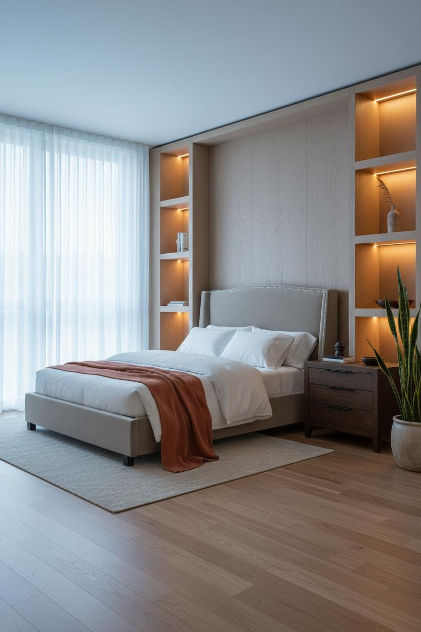 Small Bedroom Minimalist Shelving Warm Lighting