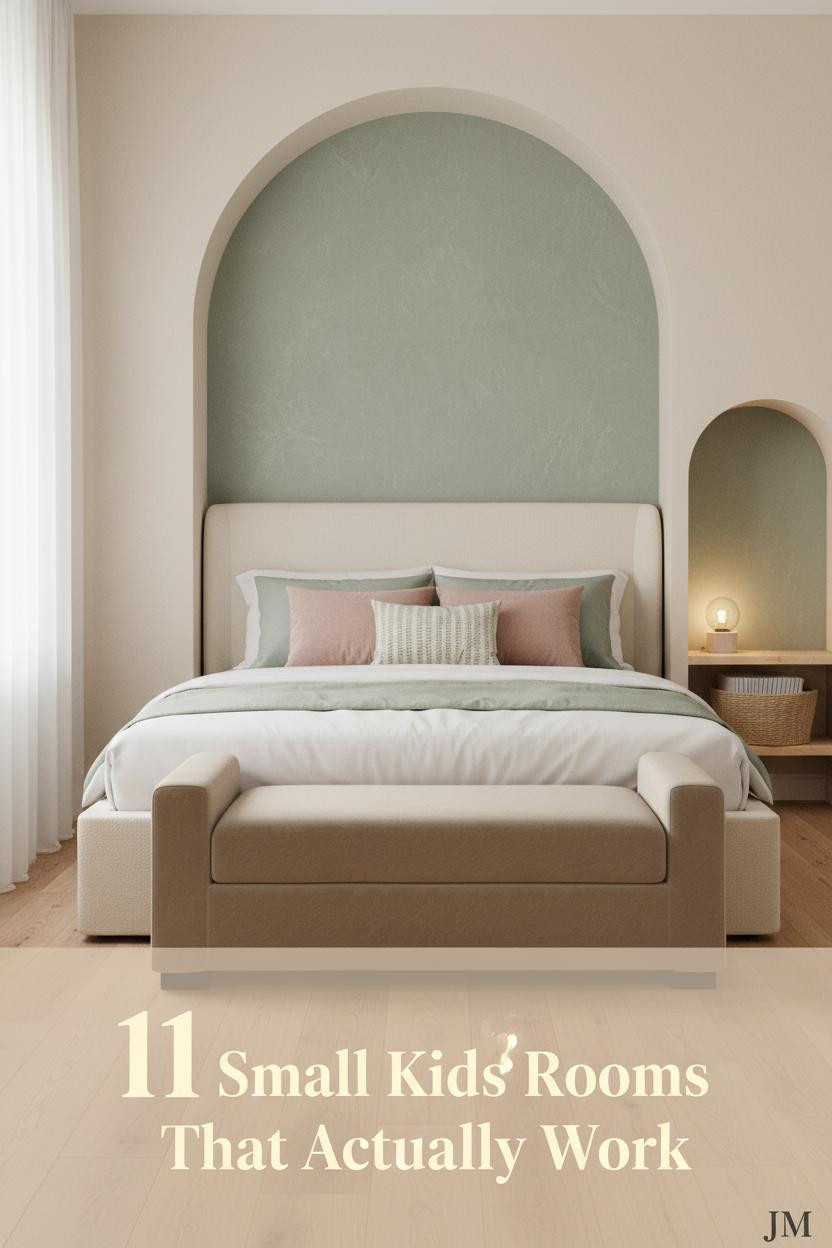 Small kids bedroom with cream arched niche, sage plaster wall, light oak floors, white bedding, blush pillows, and woven basket on pine shelf