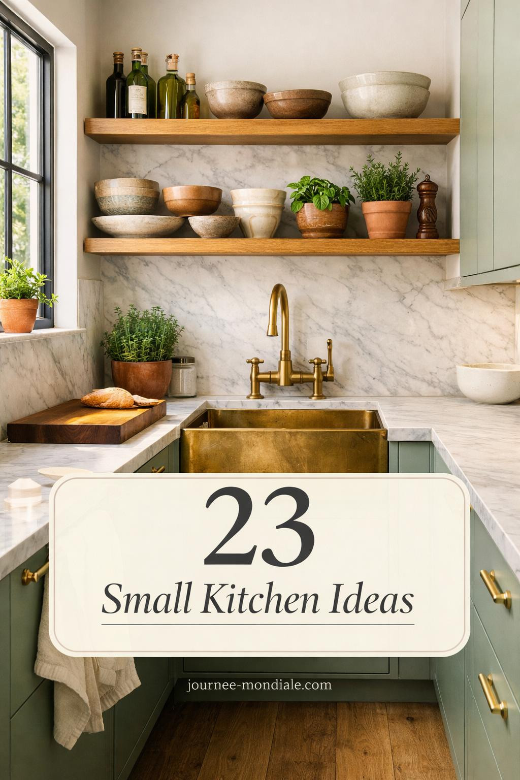 Compact galley kitchen featuring sage green shaker cabinets, honed Carrara marble countertops, white oak floating shelves, unlacquered brass farmhouse sink, and natural morning light