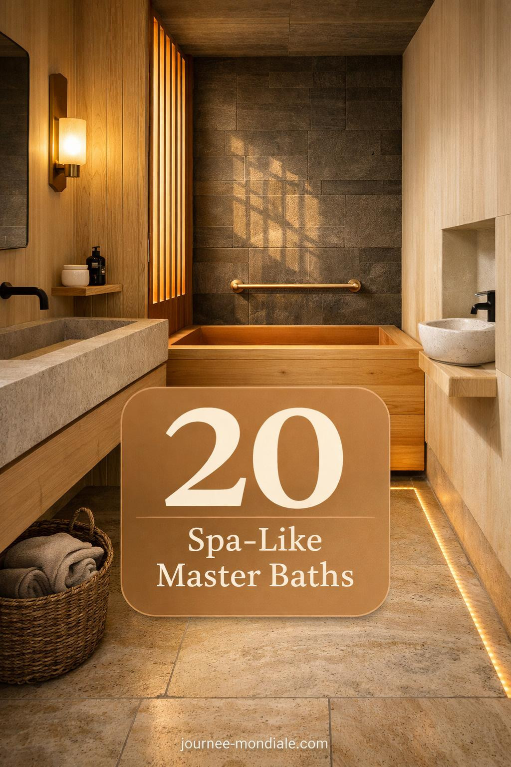 Compact master bathroom featuring pale ash floating vanity, hinoki wood soaking tub, travertine floors, charcoal slate accent wall, brass fixtures, warm natural lighting