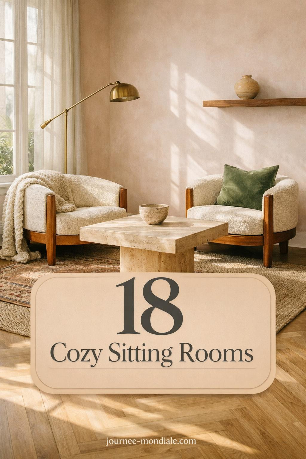 Compact sitting area with two teak barrel chairs, cream boucle upholstery, travertine pedestal table, blush limewash walls, herringbone floors, sage velvet cushions, brass arc lamp, Persian runner