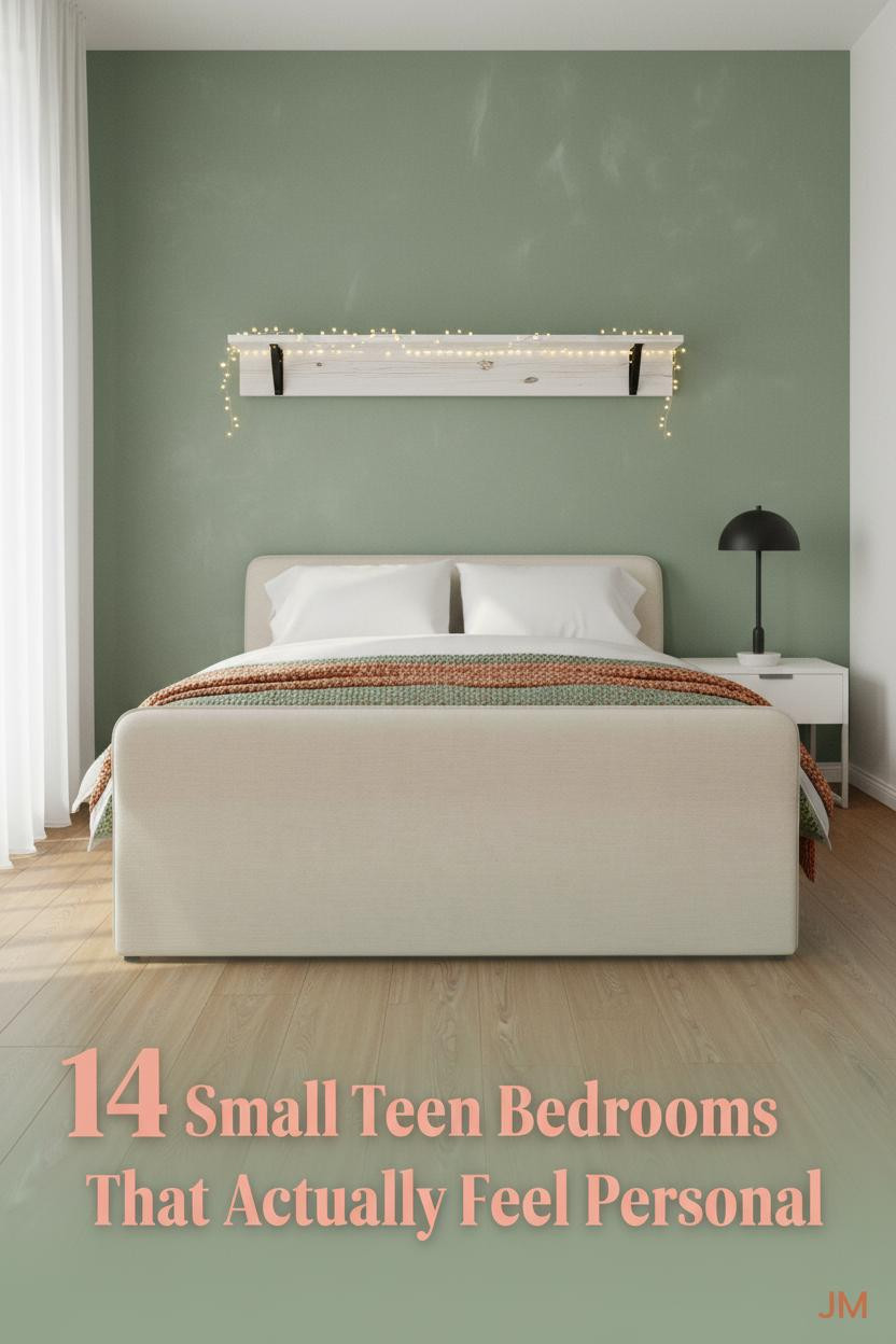 Compact teen bedroom with sage limewash accent wall, honey oak floors, ivory bedding, burnt orange throw, and fairy lights on floating pine shelf