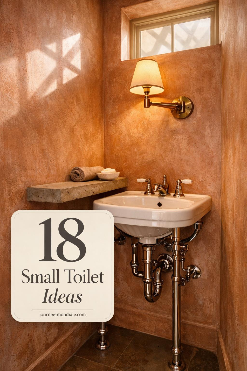 Compact powder room with terracotta limewash walls, chrome pedestal sink, concrete shelf, and brass sconce in narrow hallway