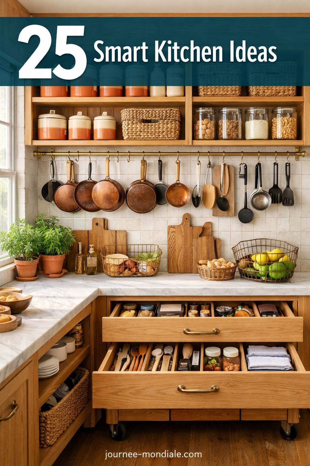 Organized white oak kitchen shelving with ceramic canisters, brass rail system, terracotta herb pots, and Carrara marble countertops