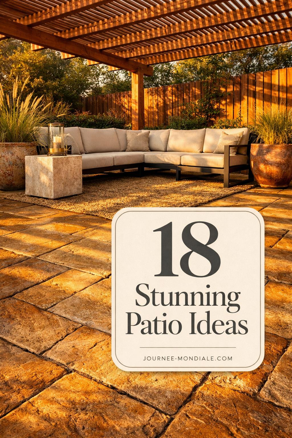 Honey-gold stamped concrete patio with ashlar slate pattern, modern steel sectional with linen cushions, cedar pergola overhead