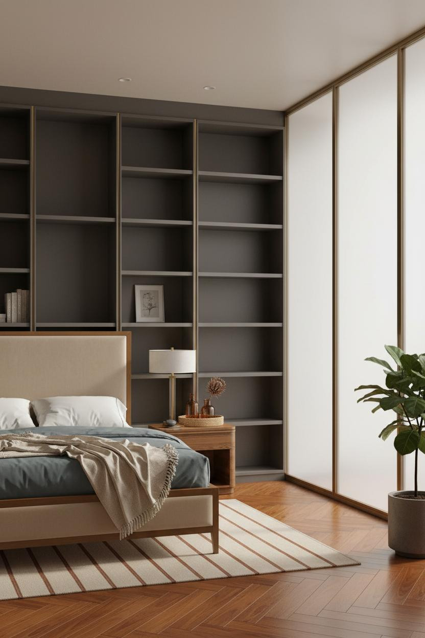 Studio Apartment Design Japandi Bedroom Layout With Shelving